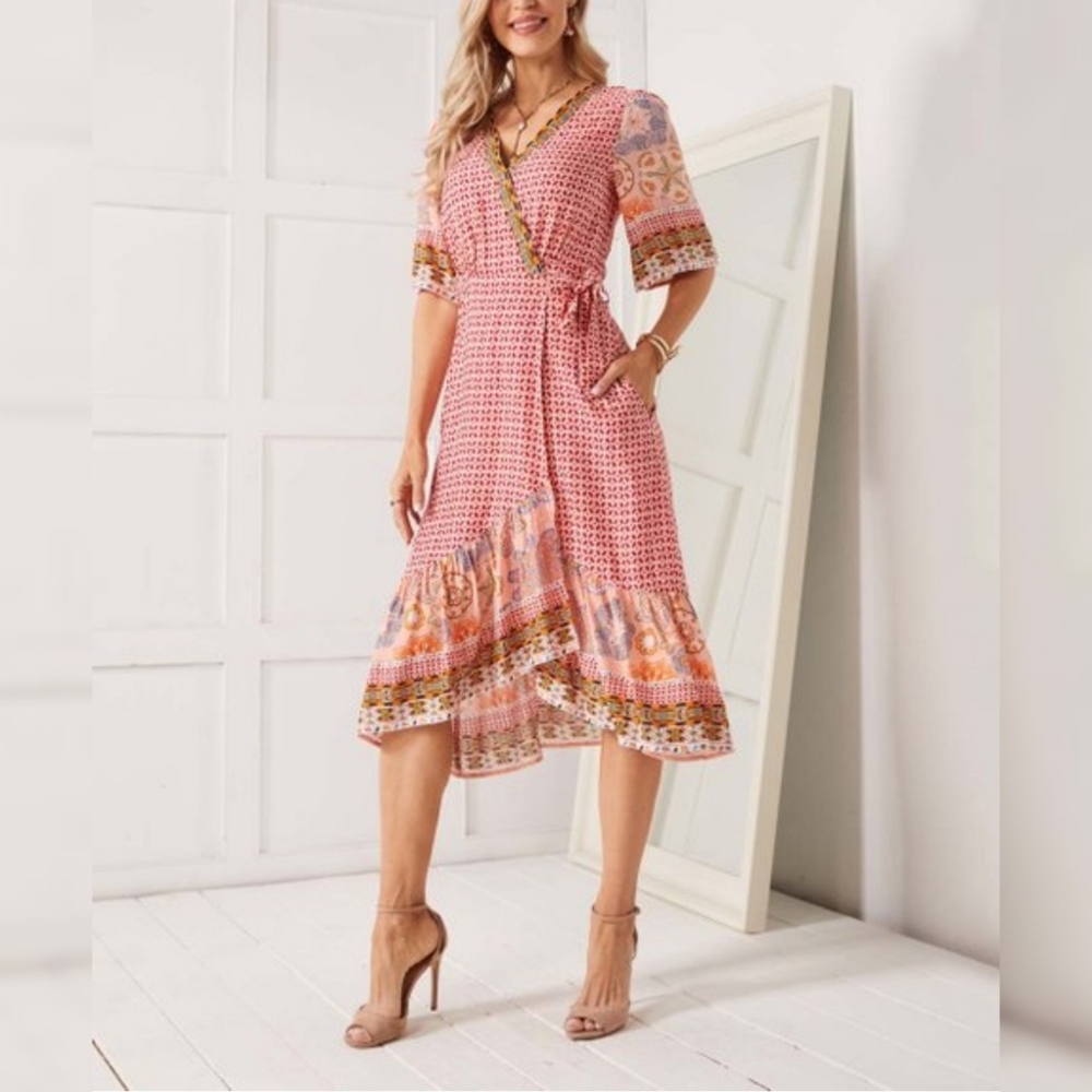 Suzanne Betro Geometric Ruffle-Trim Surplice Midi Wrap Dress Pink Sz: Medium